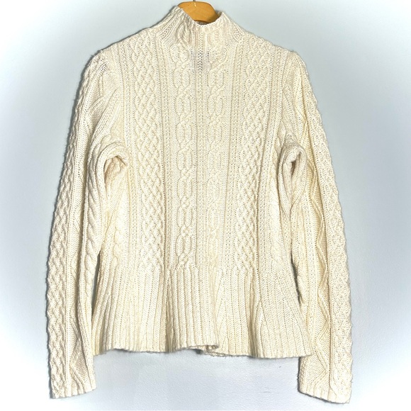 LAUREN RALPH Women's Cream Cable Knit Sweater Peplum Hem Mock Neck Size Large - Picture 1 of 6